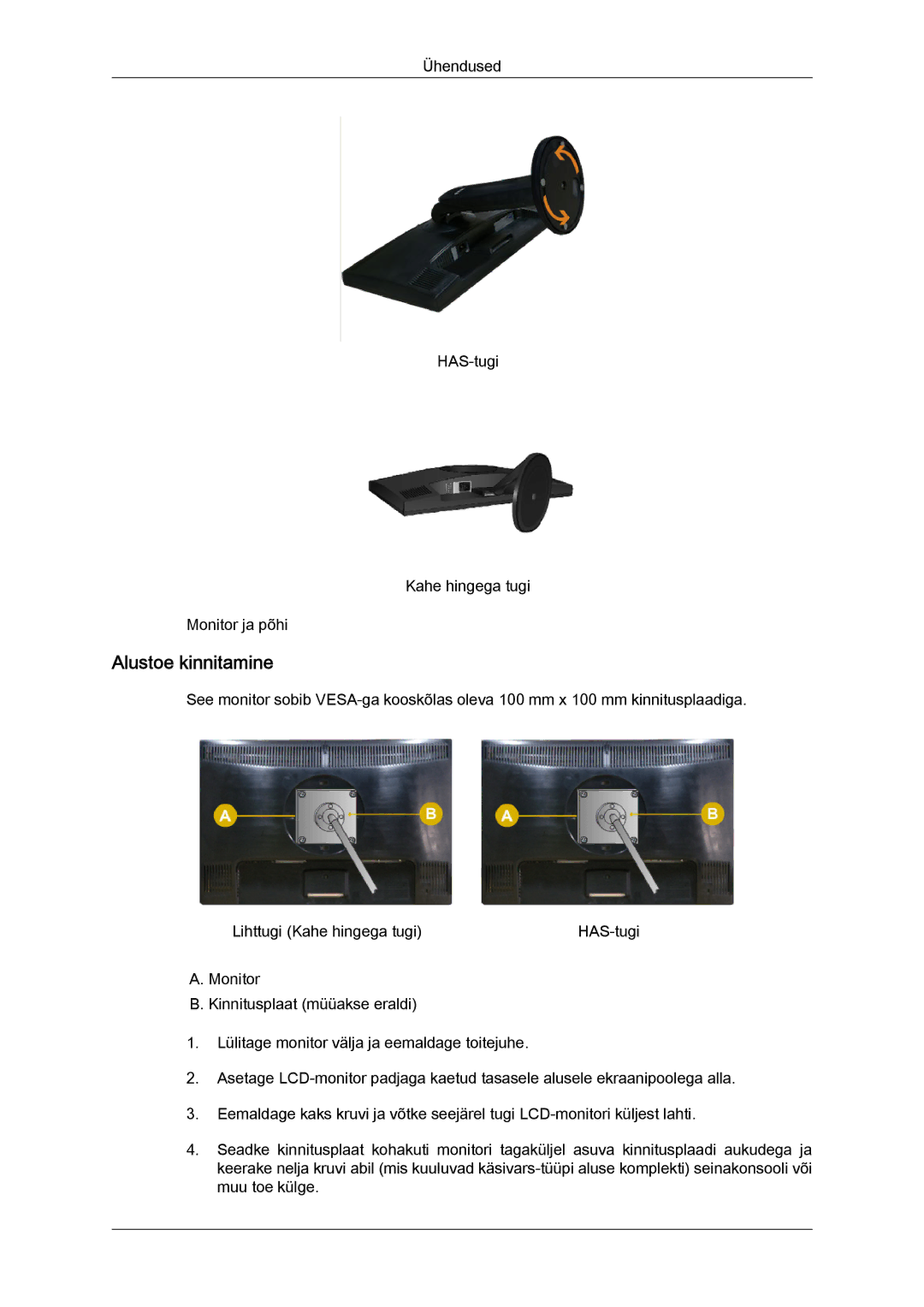 Samsung LS22MYYKBB/EDC, LS19MYYKBBA/EN, LS20MYYKBBA/EN, LS19MYYKBB/EDC Ühendused HAS-tugi Kahe hingega tugi Monitor ja põhi 