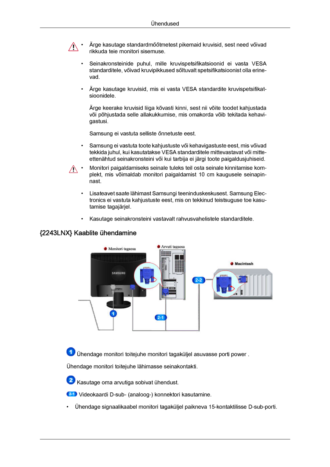 Samsung LS19MYYKBBA/EN, LS22MYYKBB/EDC, LS20MYYKBBA/EN, LS19MYYKBB/EDC, LS22MYYKBBA/EN manual 2243LNX Kaablite ühendamine 