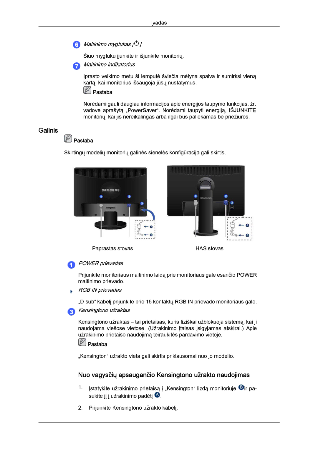 Samsung LS19MYYKBB/EDC, LS22MYYKBB/EDC, LS19MYYKBBA/EN Galinis, Nuo vagysčių apsaugančio Kensingtono užrakto naudojimas 