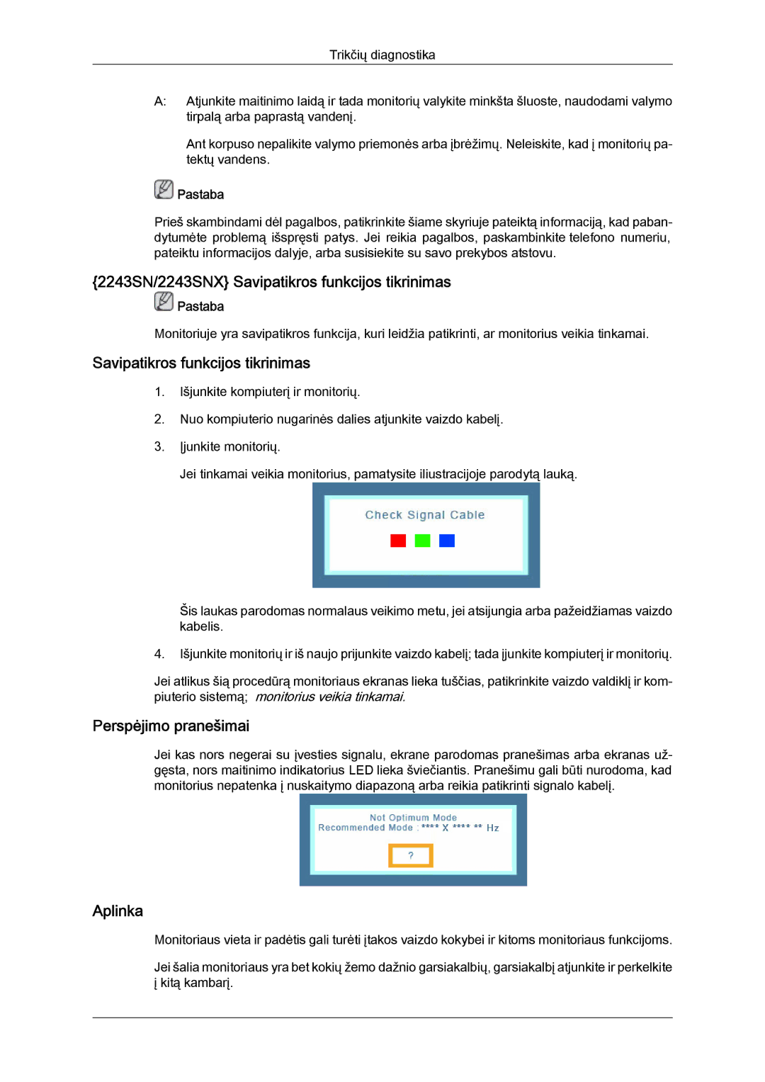 Samsung LS19MYYKBBA/EN, LS22MYYKBB/EDC, LS20MYYKBBA/EN, LS19MYYKBB/EDC manual 2243SN/2243SNX Savipatikros funkcijos tikrinimas 