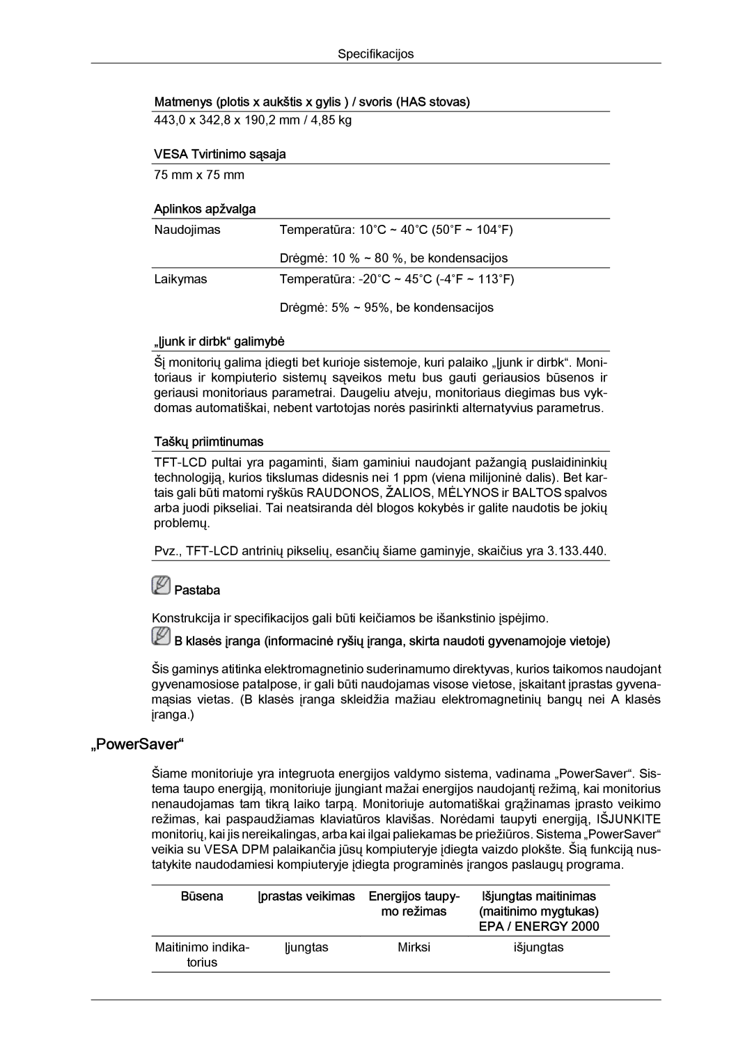 Samsung LS22MYYKBBA/EN, LS22MYYKBB/EDC, LS19MYYKBBA/EN, LS20MYYKBBA/EN, LS19MYYKBB/EDC manual „PowerSaver, Aplinkos apžvalga 