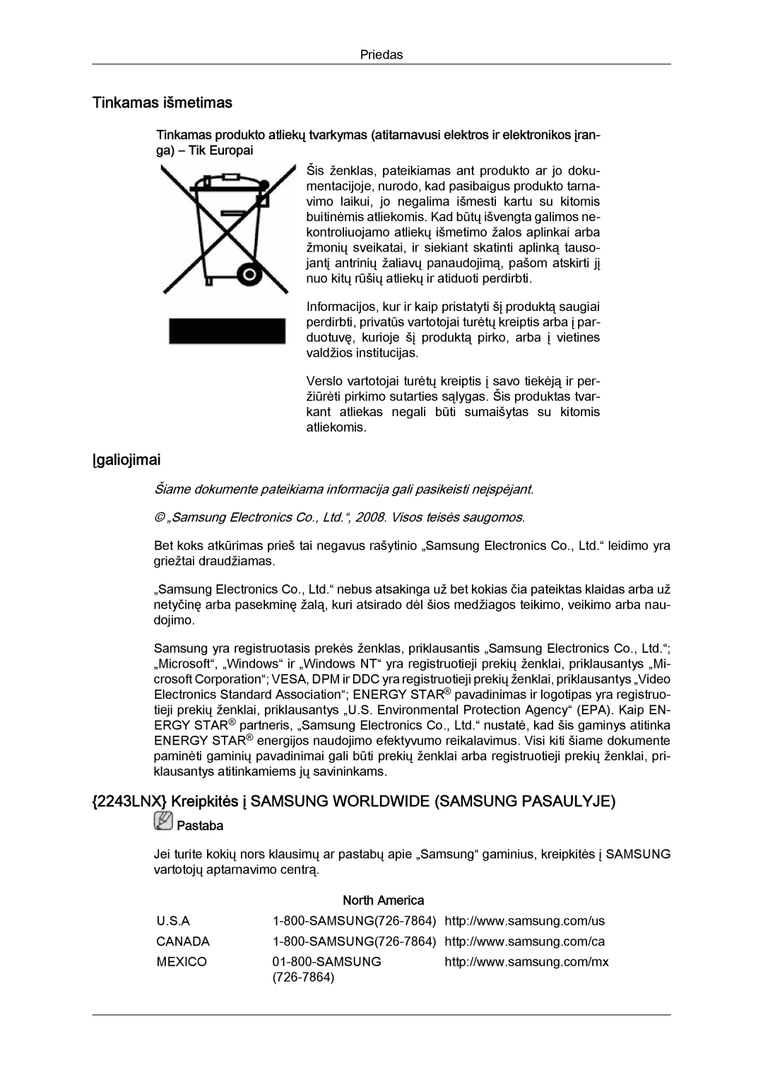 Samsung LS22MYYKBBA/EN, LS22MYYKBB/EDC manual Tinkamas išmetimas, 2243LNX Kreipkitės į Samsung Worldwide Samsung Pasaulyje 