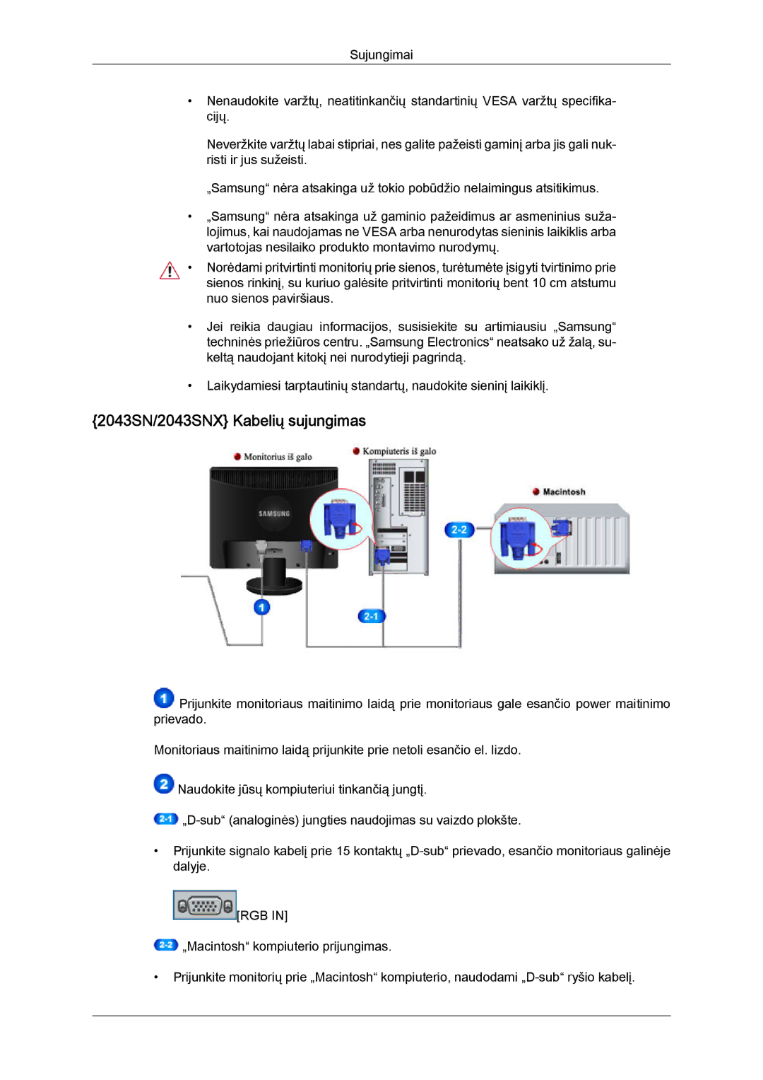 Samsung LS20MYYKBBA/EN, LS22MYYKBB/EDC, LS19MYYKBBA/EN, LS19MYYKBB/EDC, LS22MYYKBBA/EN manual 2043SN/2043SNX Kabelių sujungimas 