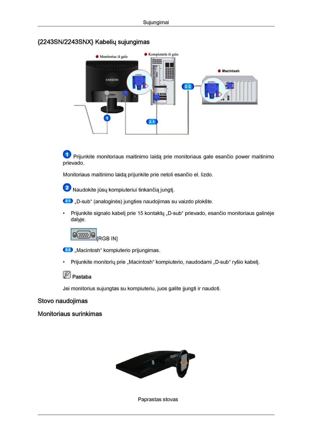 Samsung LS22MYYKBB/EDC, LS19MYYKBBA/EN, LS20MYYKBBA/EN, LS19MYYKBB/EDC, LS22MYYKBBA/EN manual 2243SN/2243SNX Kabelių sujungimas 