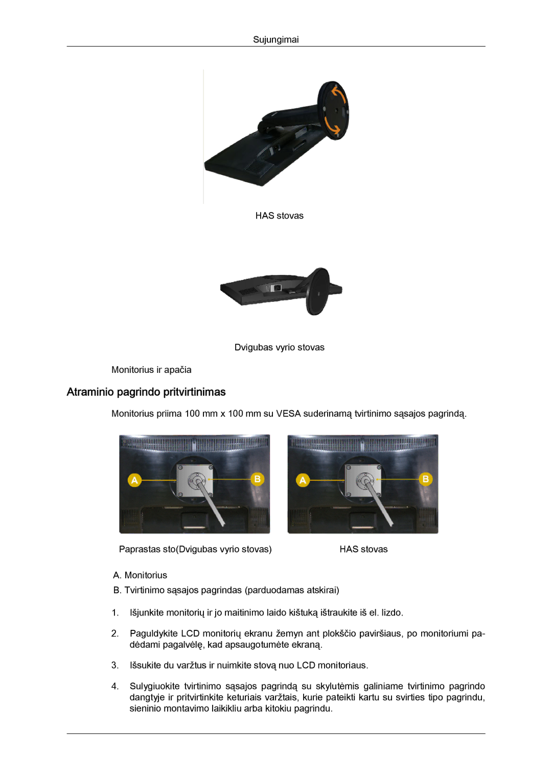 Samsung LS19MYYKBBA/EN, LS22MYYKBB/EDC, LS20MYYKBBA/EN, LS19MYYKBB/EDC, LS22MYYKBBA/EN manual Atraminio pagrindo pritvirtinimas 