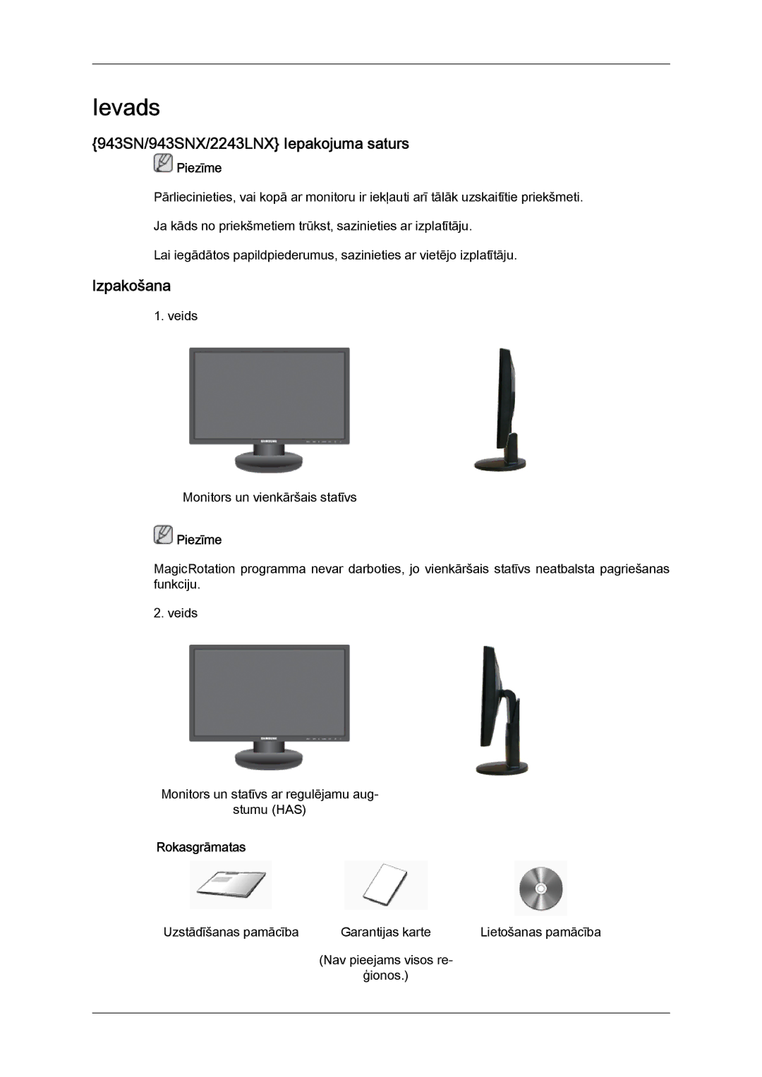 Samsung LS22MYYKBB/EDC, LS19MYYKBBA/EN, LS20MYYKBBA/EN 943SN/943SNX/2243LNX Iepakojuma saturs, Izpakošana, Rokasgrāmatas 