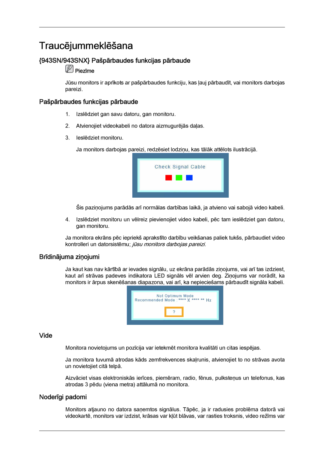 Samsung LS22MYYKBBA/EN manual 943SN/943SNX Pašpārbaudes funkcijas pārbaude, Brīdinājuma ziņojumi, Vide, Noderīgi padomi 