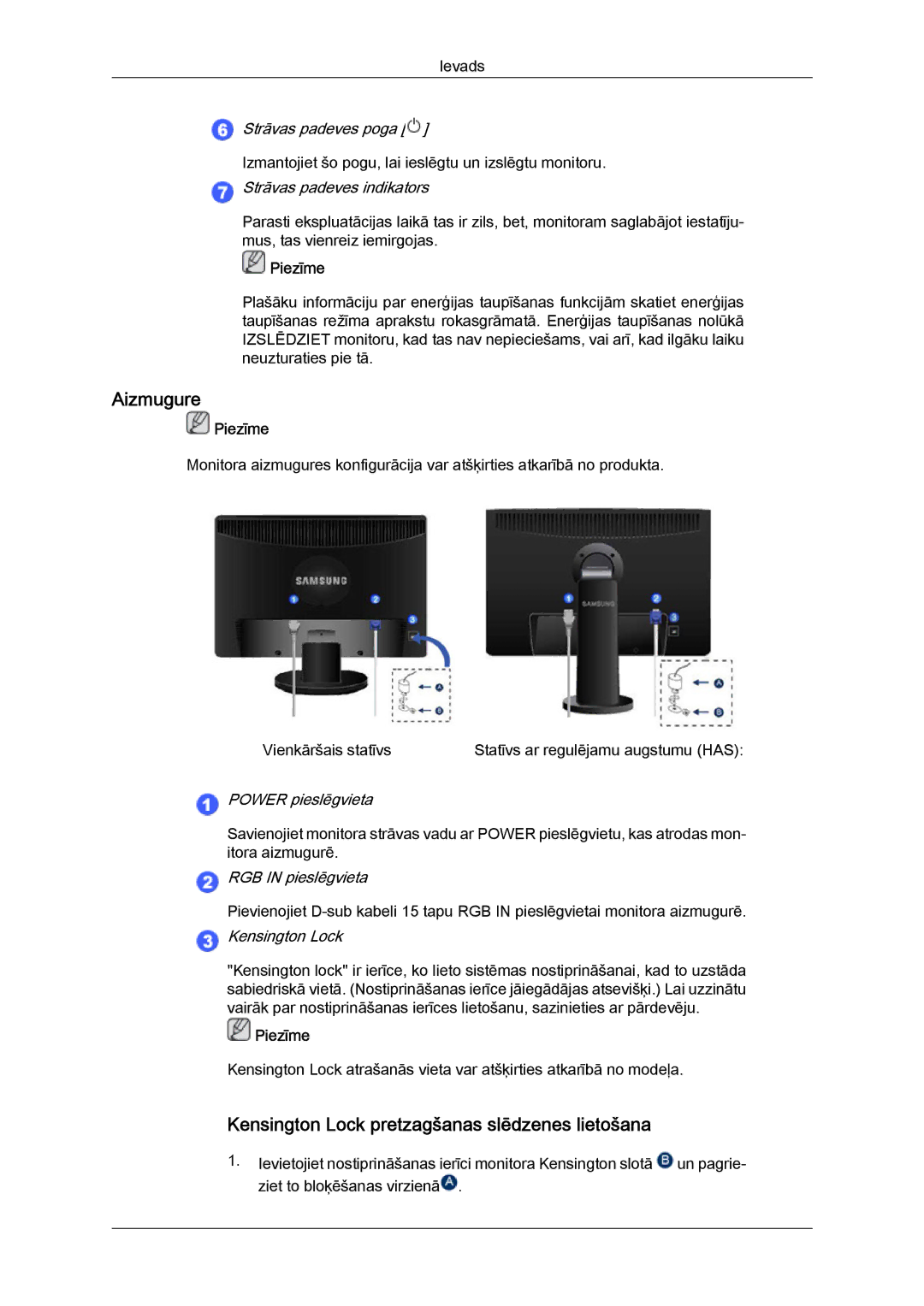 Samsung LS19MYYKBB/EDC, LS22MYYKBB/EDC, LS19MYYKBBA/EN manual Aizmugure, Kensington Lock pretzagšanas slēdzenes lietošana 