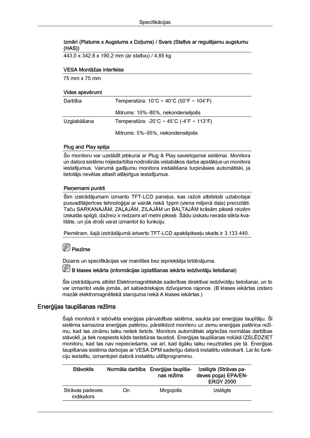 Samsung LS19MYYKBB/EDC manual Enerģijas taupīšanas režīms, Vesa Montāžas interfeiss, Vides apsvērumi, Plug and Play spēja 