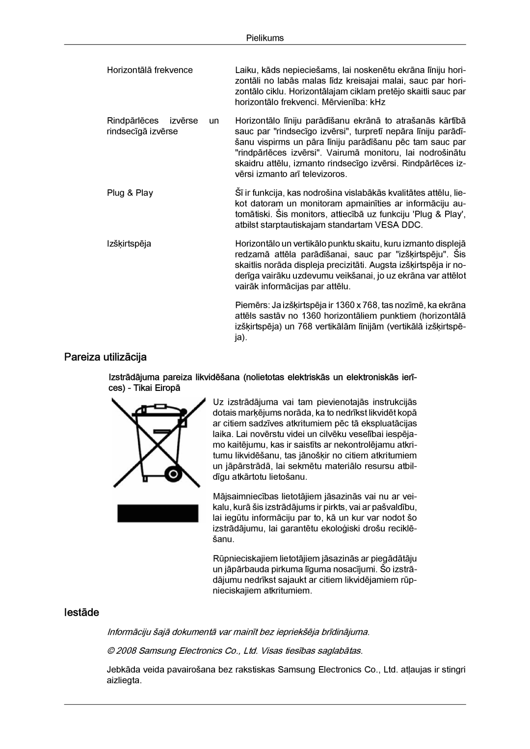 Samsung LS20MYYKBBA/EN, LS22MYYKBB/EDC, LS19MYYKBBA/EN, LS19MYYKBB/EDC, LS22MYYKBBA/EN manual Pareiza utilizācija, Iestāde 