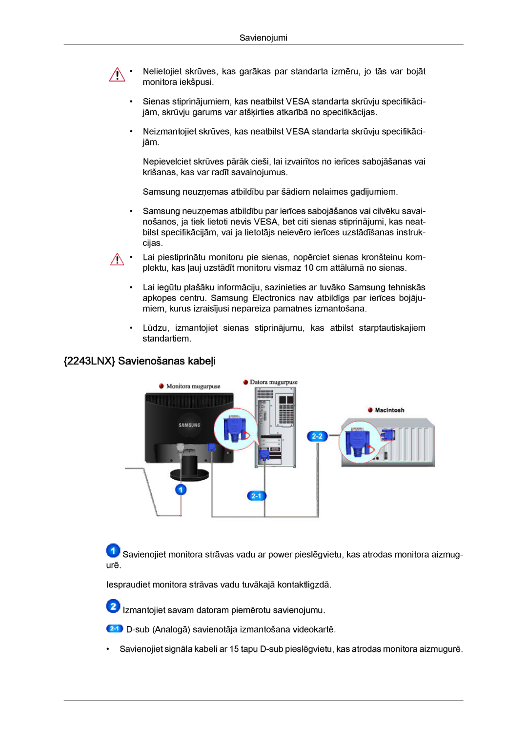 Samsung LS20MYYKBBA/EN, LS22MYYKBB/EDC, LS19MYYKBBA/EN, LS19MYYKBB/EDC, LS22MYYKBBA/EN manual 2243LNX Savienošanas kabeļi 