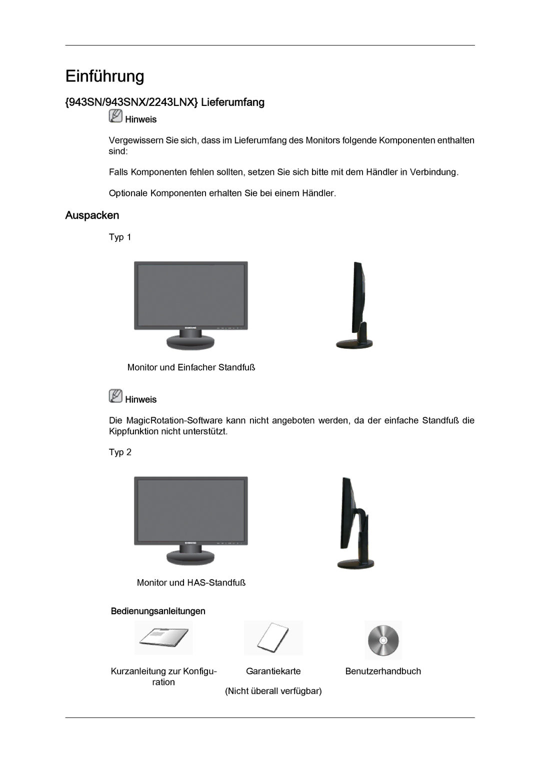 Samsung LS22MYYKBB/EDC, LS22MYLKF/EDC, LS19MYYKBBA/EN, LS19MYYKBB/EDC manual 943SN/943SNX/2243LNX Lieferumfang, Auspacken 