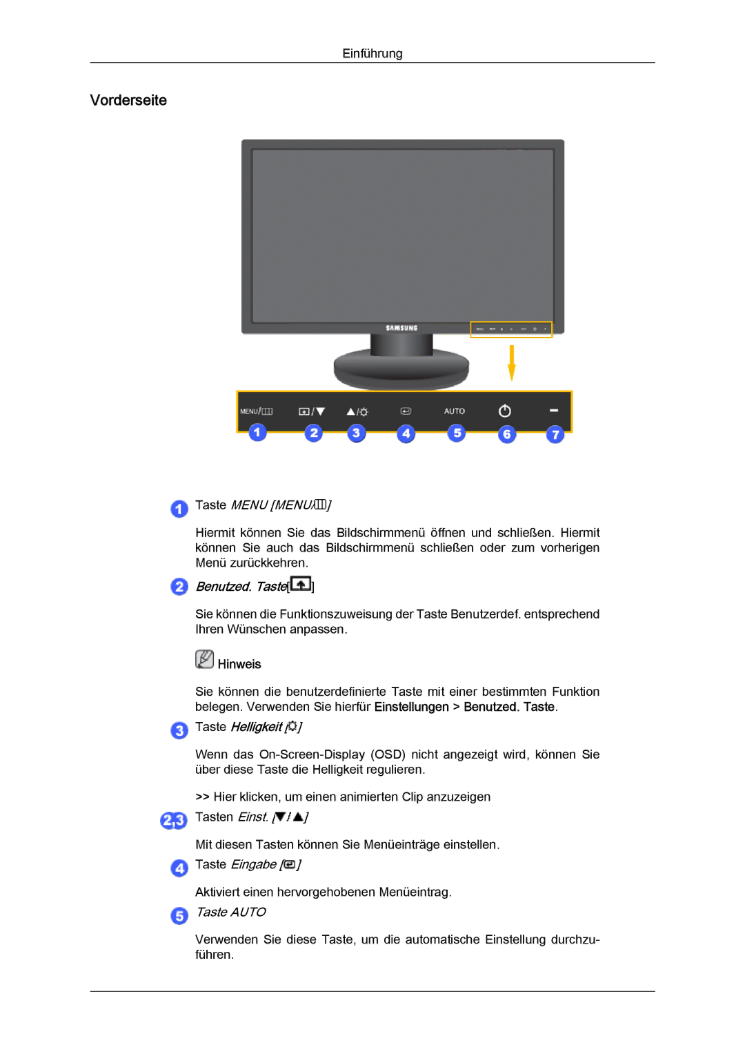 Samsung LS19MYYKBBA/EN, LS22MYYKBB/EDC, LS22MYLKF/EDC, LS19MYYKBB/EDC, LS22MYYKBBA/EN manual Vorderseite, Taste Menu Menu 