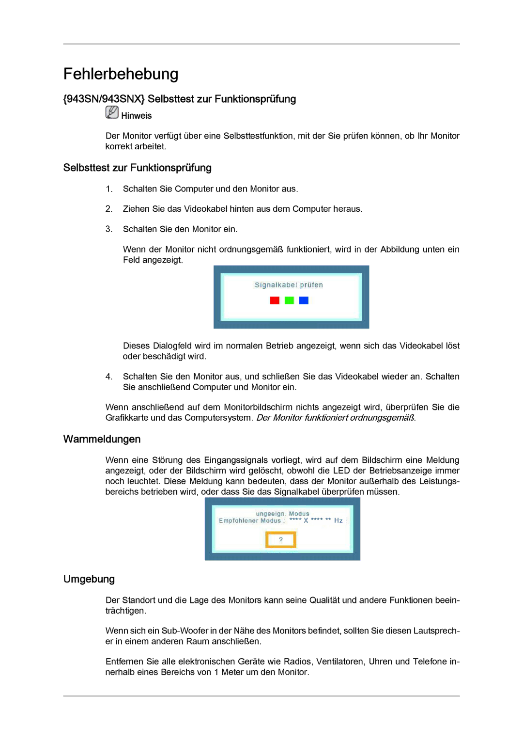 Samsung LS22MYLKF/EDC, LS22MYYKBB/EDC, LS19MYYKBBA/EN 943SN/943SNX Selbsttest zur Funktionsprüfung, Warnmeldungen, Umgebung 