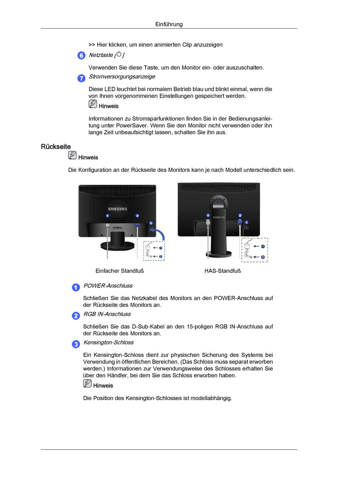 Samsung LS19MYYKBB/EDC, LS22MYYKBB/EDC, LS22MYLKF/EDC, LS19MYYKBBA/EN, LS22MYYKBBA/EN manual Rückseite, Stromversorgungsanzeige 