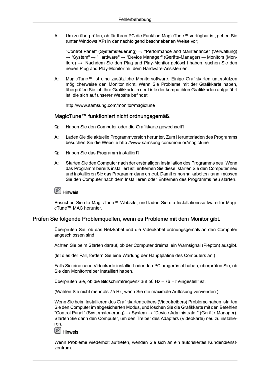 Samsung LS22MYLKF/EDC, LS22MYYKBB/EDC, LS19MYYKBBA/EN, LS19MYYKBB/EDC manual MagicTune funktioniert nicht ordnungsgemäß 