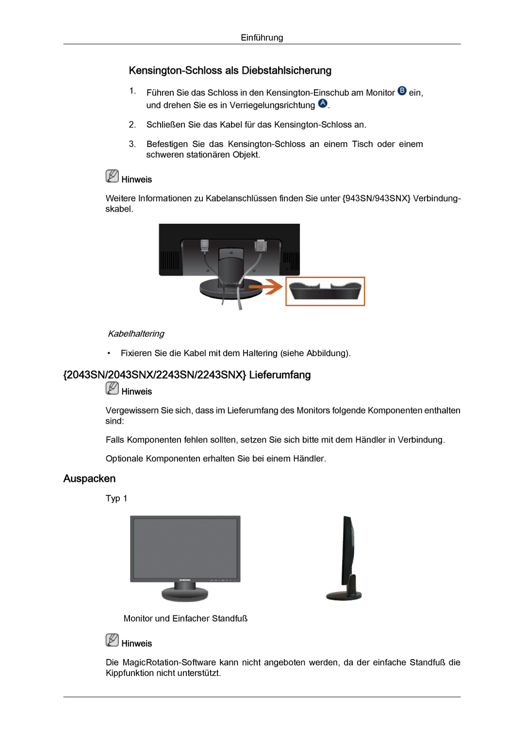 Samsung LS22MYYKBBA/EN manual Kensington-Schloss als Diebstahlsicherung, 2043SN/2043SNX/2243SN/2243SNX Lieferumfang 