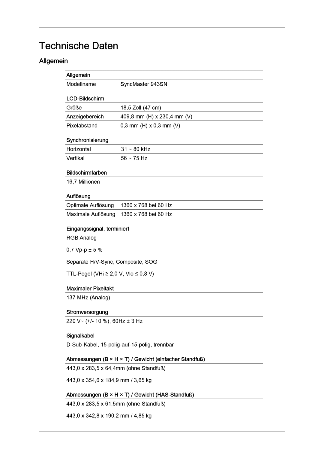 Samsung LS22MYYKBB/EDC, LS22MYLKF/EDC, LS19MYYKBBA/EN, LS19MYYKBB/EDC, LS22MYYKBBA/EN manual Technische Daten, Allgemein 