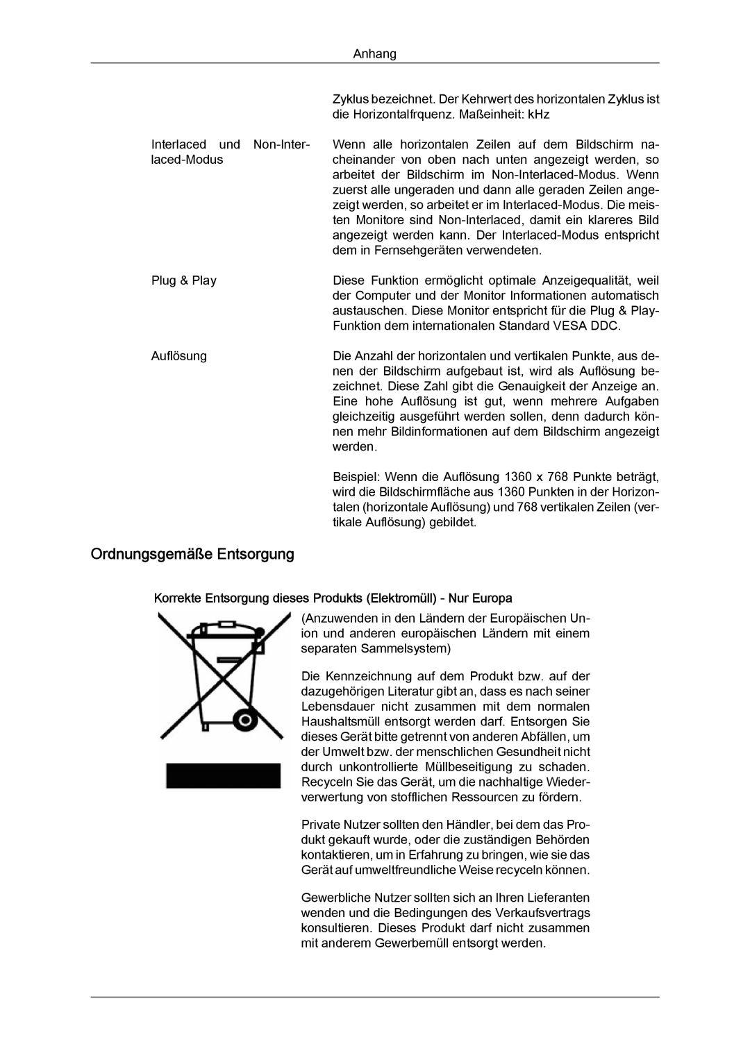 Samsung LS19MYYKBBA/EN manual Ordnungsgemäße Entsorgung, Korrekte Entsorgung dieses Produkts Elektromüll Nur Europa 