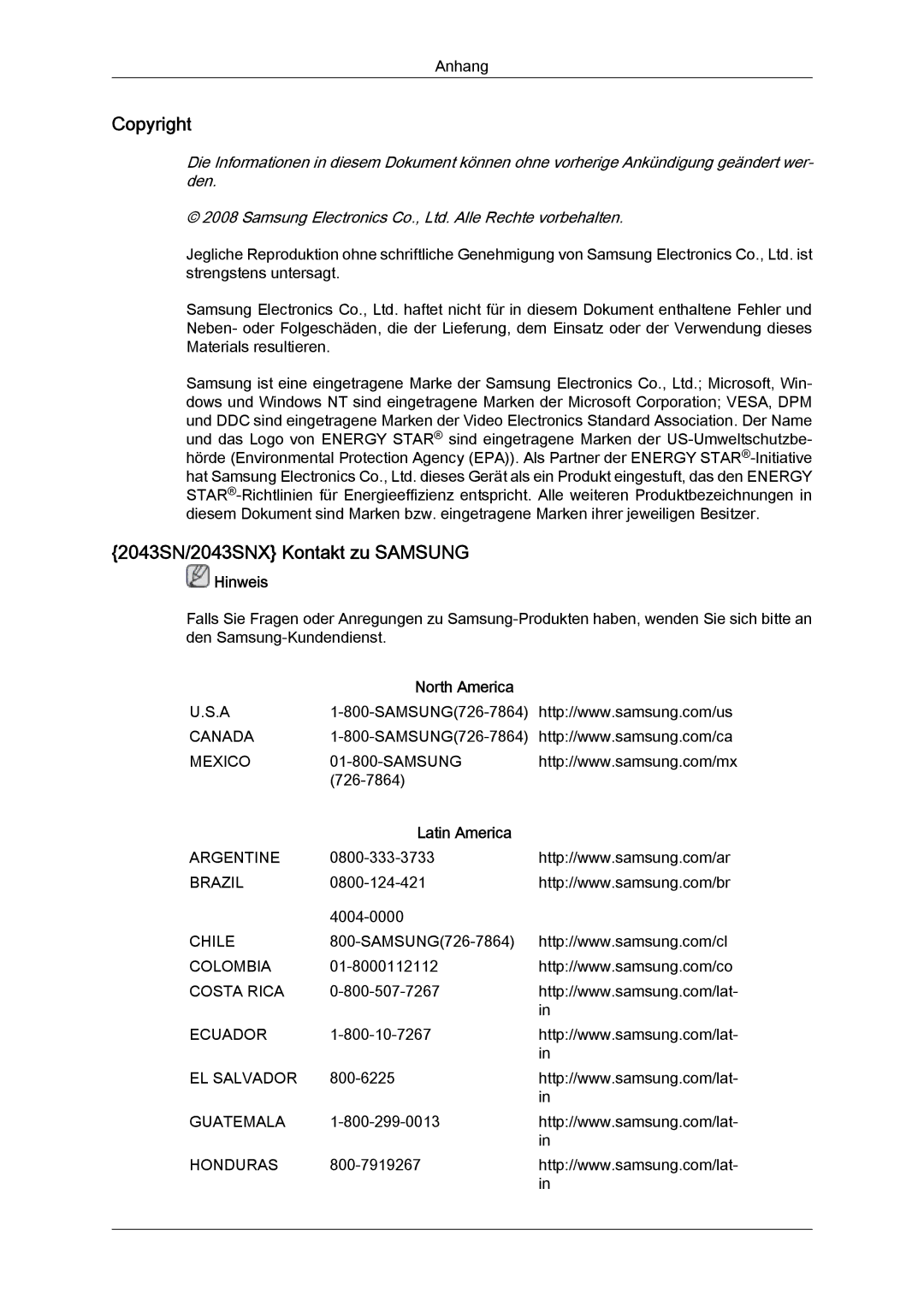 Samsung LS19MYYKBB/EDC, LS22MYYKBB/EDC, LS22MYLKF/EDC, LS19MYYKBBA/EN manual Copyright, 2043SN/2043SNX Kontakt zu Samsung 