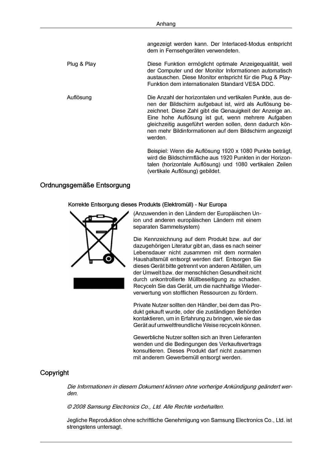 Samsung LS22MYLKF/EDC, LS22MYYKBB/EDC, LS19MYYKBBA/EN, LS19MYYKBB/EDC, LS22MYYKBBA/EN manual Ordnungsgemäße Entsorgung 