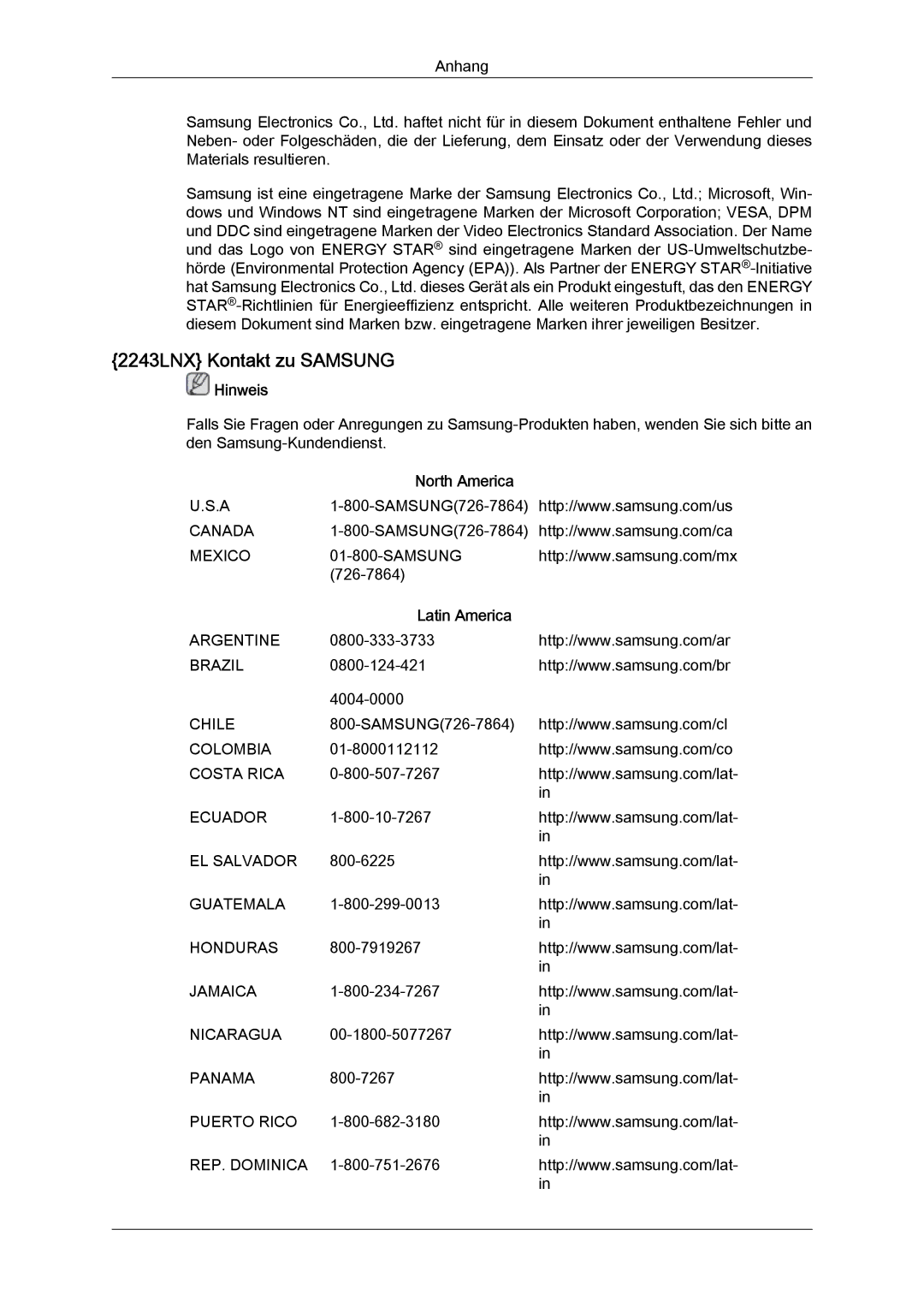 Samsung LS19MYYKBBA/EN, LS22MYYKBB/EDC, LS22MYLKF/EDC, LS19MYYKBB/EDC, LS22MYYKBBA/EN manual 2243LNX Kontakt zu Samsung 