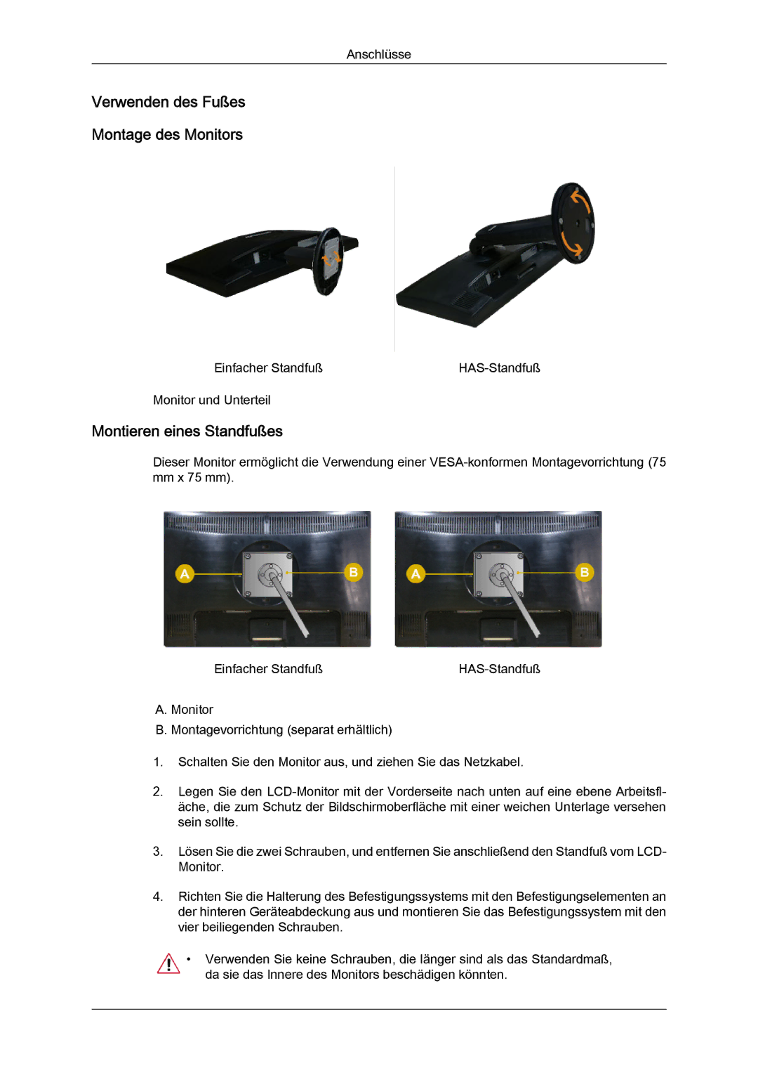 Samsung LS22MYLKF/EDC, LS22MYYKBB/EDC, LS19MYYKBBA/EN Verwenden des Fußes Montage des Monitors, Montieren eines Standfußes 