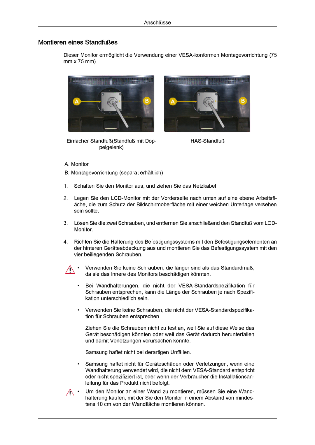 Samsung LS22MYYKBBA/EN, LS22MYYKBB/EDC, LS22MYLKF/EDC, LS19MYYKBBA/EN, LS19MYYKBB/EDC manual Montieren eines Standfußes 