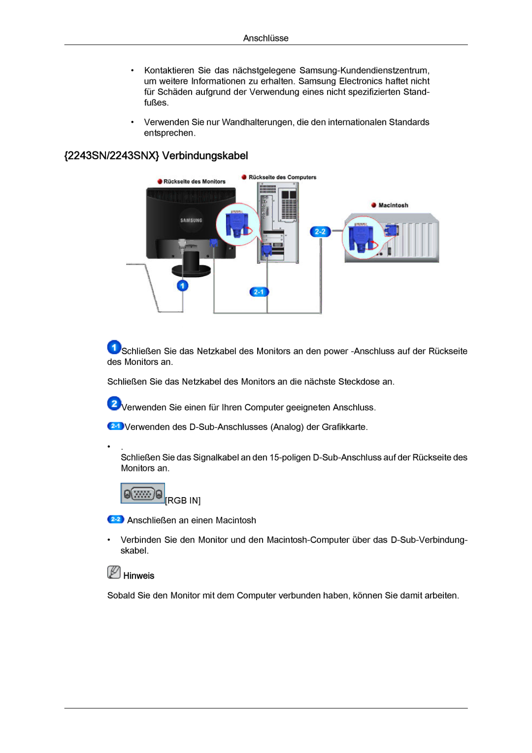 Samsung LS22MYYKBBA/EN, LS22MYYKBB/EDC, LS22MYLKF/EDC, LS19MYYKBBA/EN, LS19MYYKBB/EDC manual 2243SN/2243SNX Verbindungskabel 