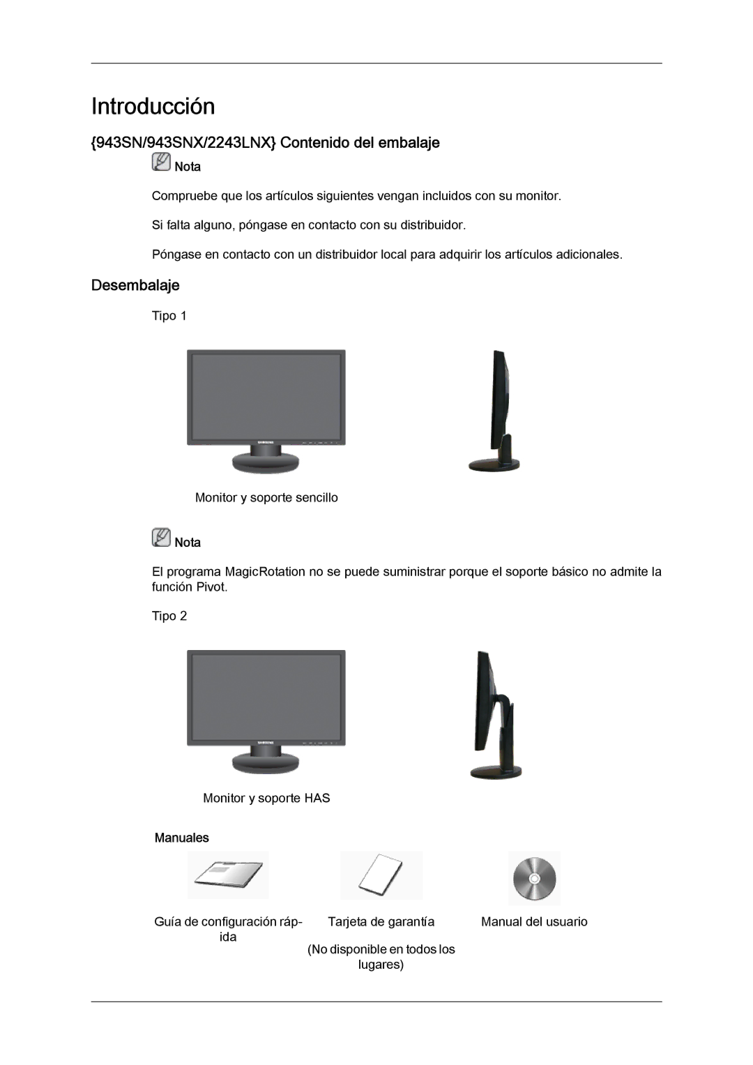 Samsung LS22MYYKBBA/EN, LS22MYYKBB/EDC, LS22MYLKF/EDC manual 943SN/943SNX/2243LNX Contenido del embalaje, Desembalaje 