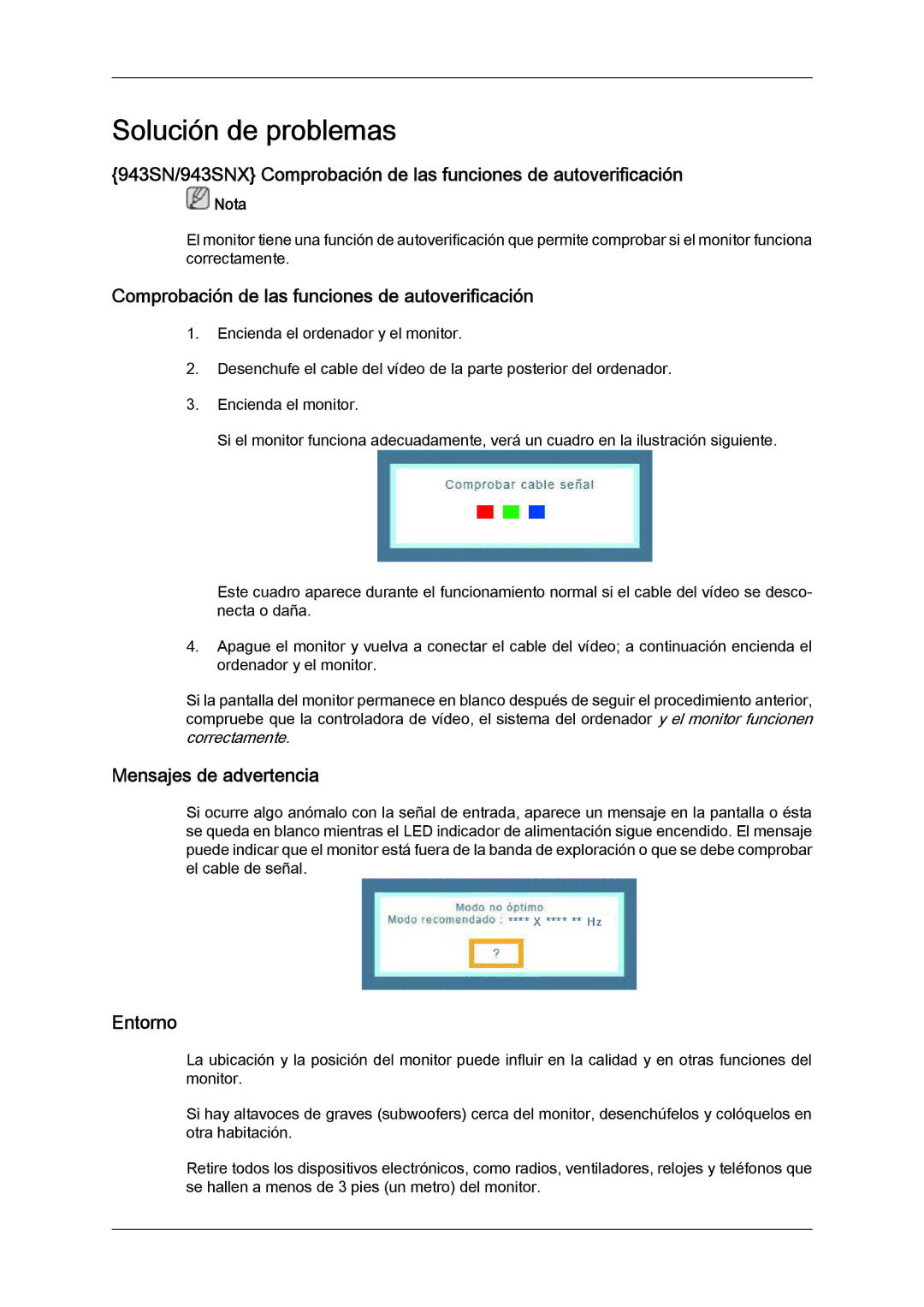 Samsung LS22MYLKFZ/EDC, LS22MYYKBB/EDC Comprobación de las funciones de autoverificación, Mensajes de advertencia, Entorno 