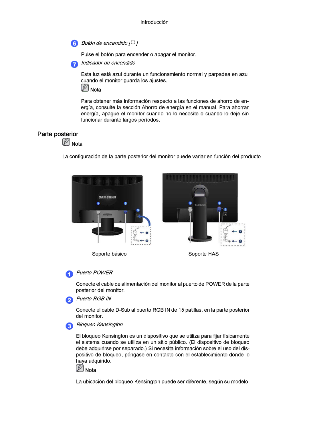 Samsung LS22MYLKF/EDC, LS22MYYKBB/EDC, LS19MYYKBBA/EN, LS19MYYKBB/EDC, LS22MYYKBBA/EN Parte posterior, Indicador de encendido 