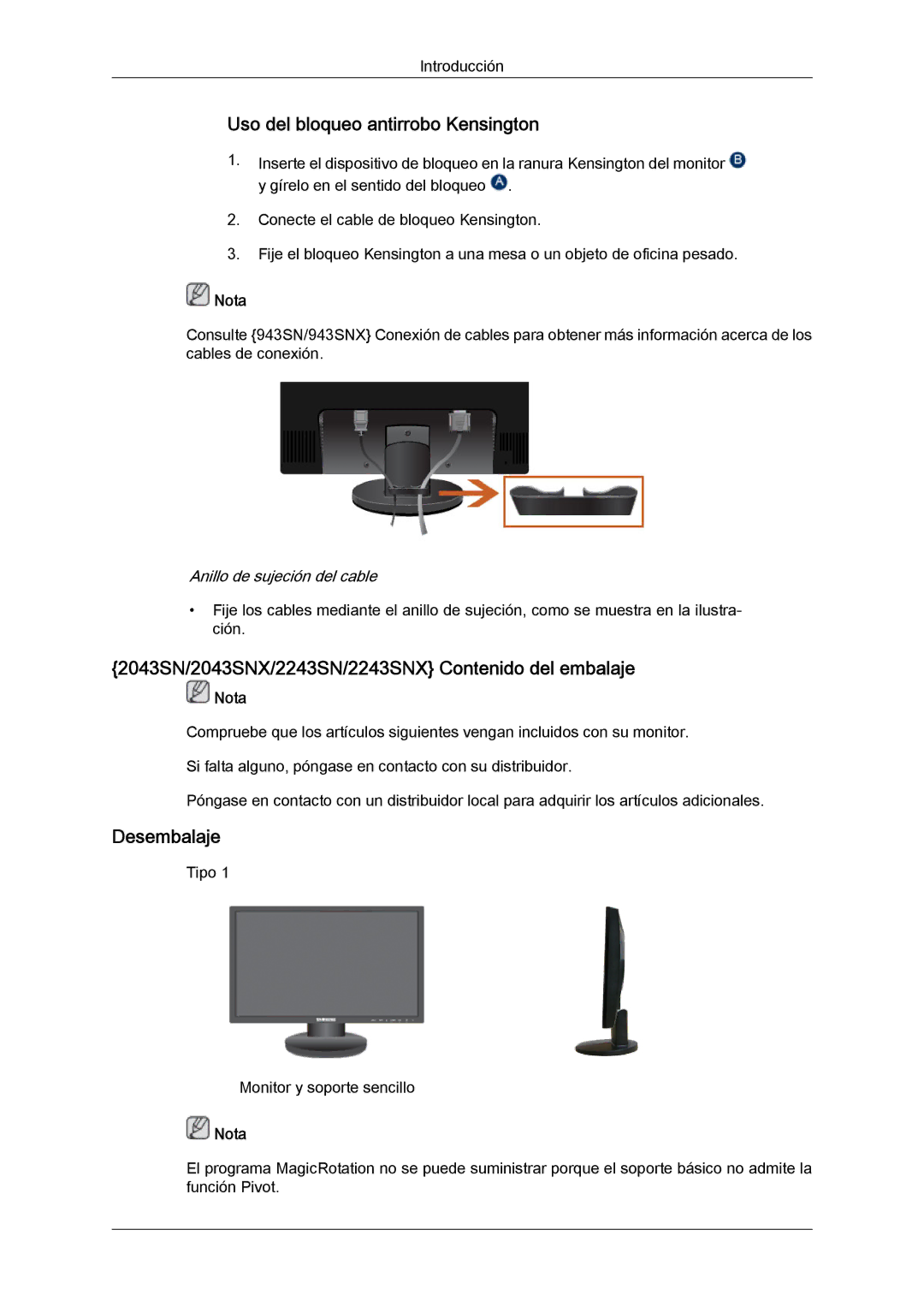 Samsung LS19MYYKBBA/EN manual Uso del bloqueo antirrobo Kensington, 2043SN/2043SNX/2243SN/2243SNX Contenido del embalaje 