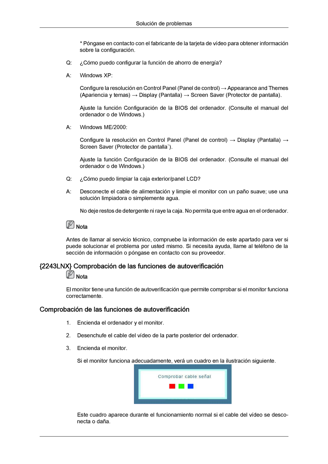 Samsung LS22MYYKBBA/EN, LS22MYYKBB/EDC, LS22MYLKF/EDC manual 2243LNX Comprobación de las funciones de autoverificación 