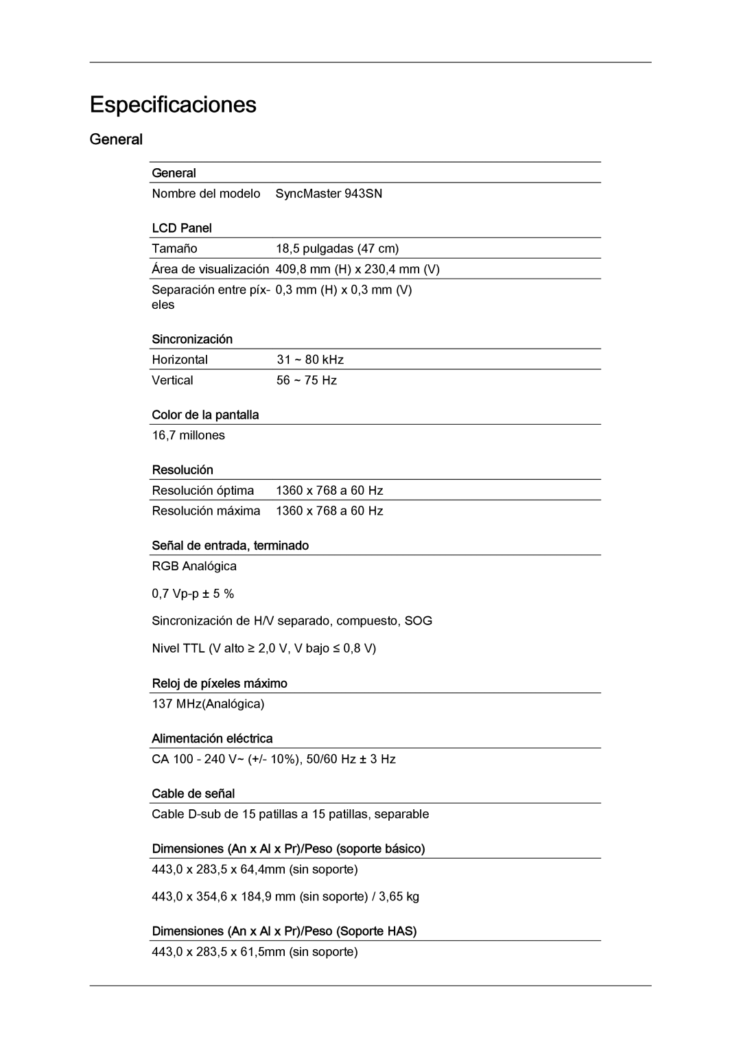 Samsung LS22MYLKFZ/EDC, LS22MYYKBB/EDC, LS22MYLKF/EDC, LS19MYYKBBA/EN, LS19MYYKBB/EDC manual Especificaciones, General 