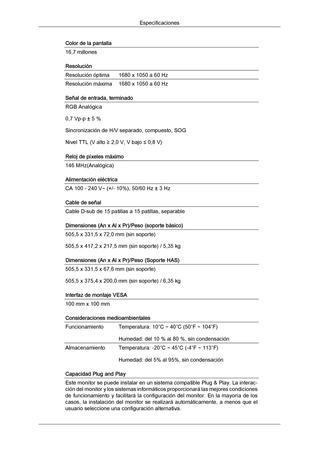 Samsung LS22MYLKF/EDC, LS22MYYKBB/EDC, LS19MYYKBBA/EN manual Resolución óptima 1680 x 1050 a 60 Hz Resolución máxima 