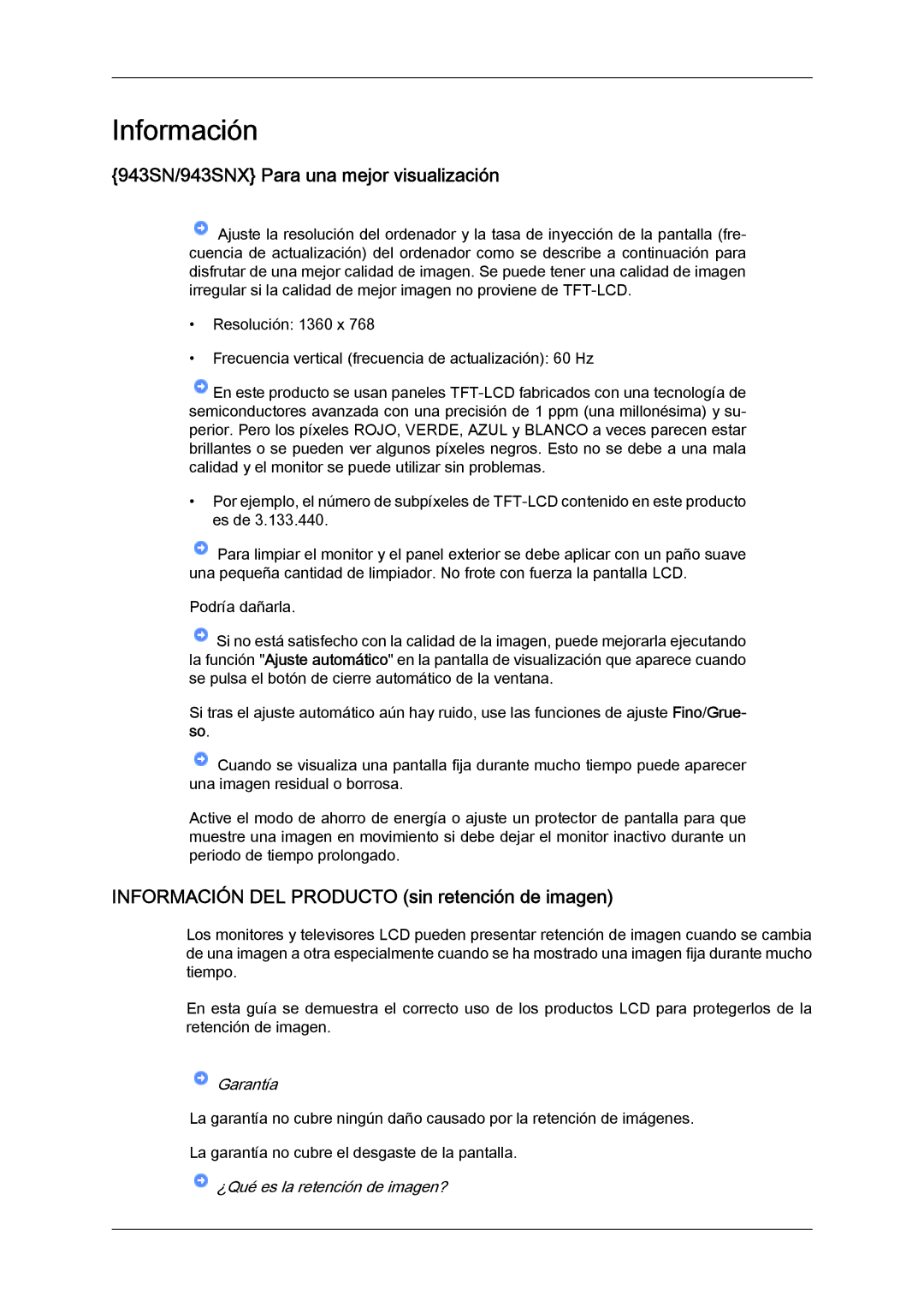 Samsung LS22MYYKBBA/EN manual 943SN/943SNX Para una mejor visualización, Información DEL Producto sin retención de imagen 