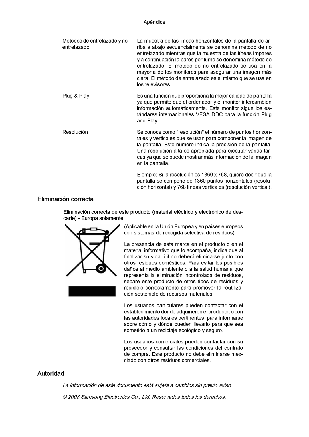 Samsung LS22MYLKFZ/EDC, LS22MYYKBB/EDC, LS22MYLKF/EDC, LS19MYYKBBA/EN, LS19MYYKBB/EDC manual Eliminación correcta, Autoridad 