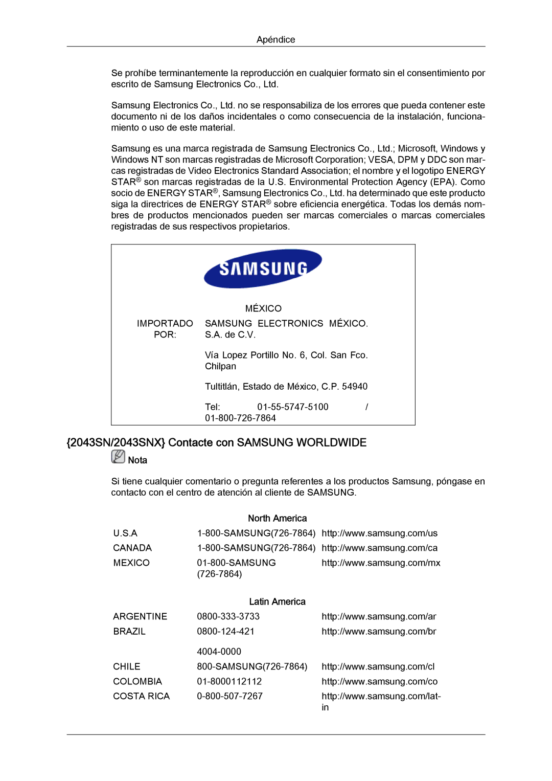 Samsung LS22MYYKBB/EDC 2043SN/2043SNX Contacte con Samsung Worldwide, México Importado Samsung Electronics México POR 