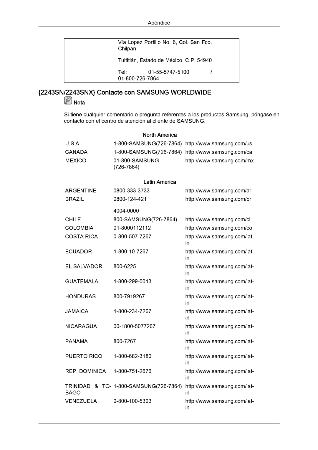 Samsung LS22MYLKFZ/EDC, LS22MYYKBB/EDC, LS22MYLKF/EDC, LS19MYYKBBA/EN manual 2243SN/2243SNX Contacte con Samsung Worldwide 