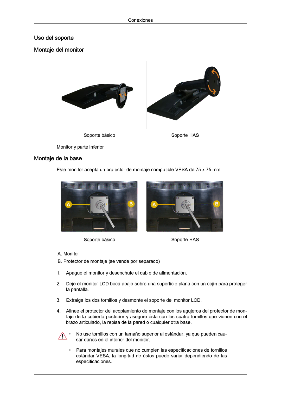 Samsung LS19MYYKBB/EDC, LS22MYYKBB/EDC, LS22MYLKF/EDC manual Uso del soporte Montaje del monitor, Montaje de la base 