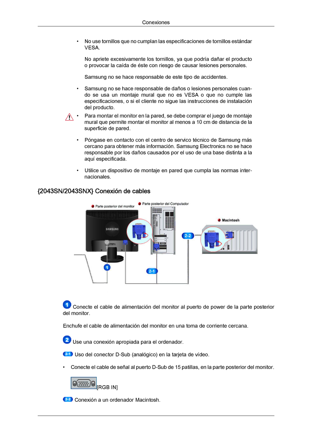 Samsung LS22MYYKBBA/EN, LS22MYYKBB/EDC, LS22MYLKF/EDC, LS19MYYKBBA/EN, LS19MYYKBB/EDC manual 2043SN/2043SNX Conexión de cables 