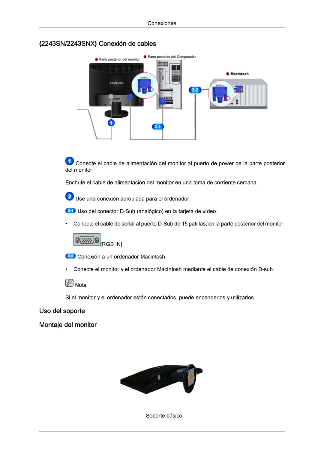 Samsung LS22MYLKF/EDC, LS22MYYKBB/EDC, LS19MYYKBBA/EN, LS19MYYKBB/EDC, LS22MYYKBBA/EN manual 2243SN/2243SNX Conexión de cables 