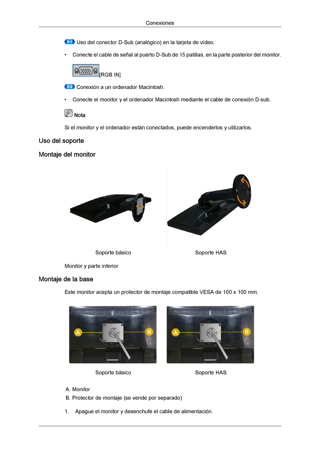 Samsung LS22MYYKBBA/EN, LS22MYYKBB/EDC, LS22MYLKF/EDC, LS19MYYKBBA/EN, LS19MYYKBB/EDC Uso del soporte Montaje del monitor 