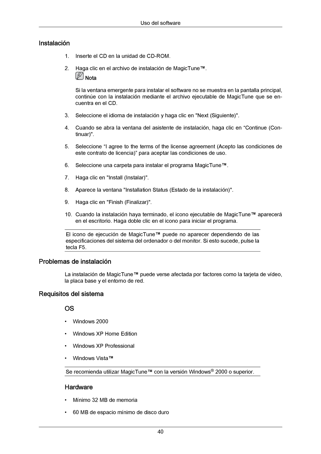 Samsung LS22MYYKBBA/EN, LS22MYYKBB/EDC, LS22MYLKF/EDC manual Problemas de instalación, Requisitos del sistema, Hardware 