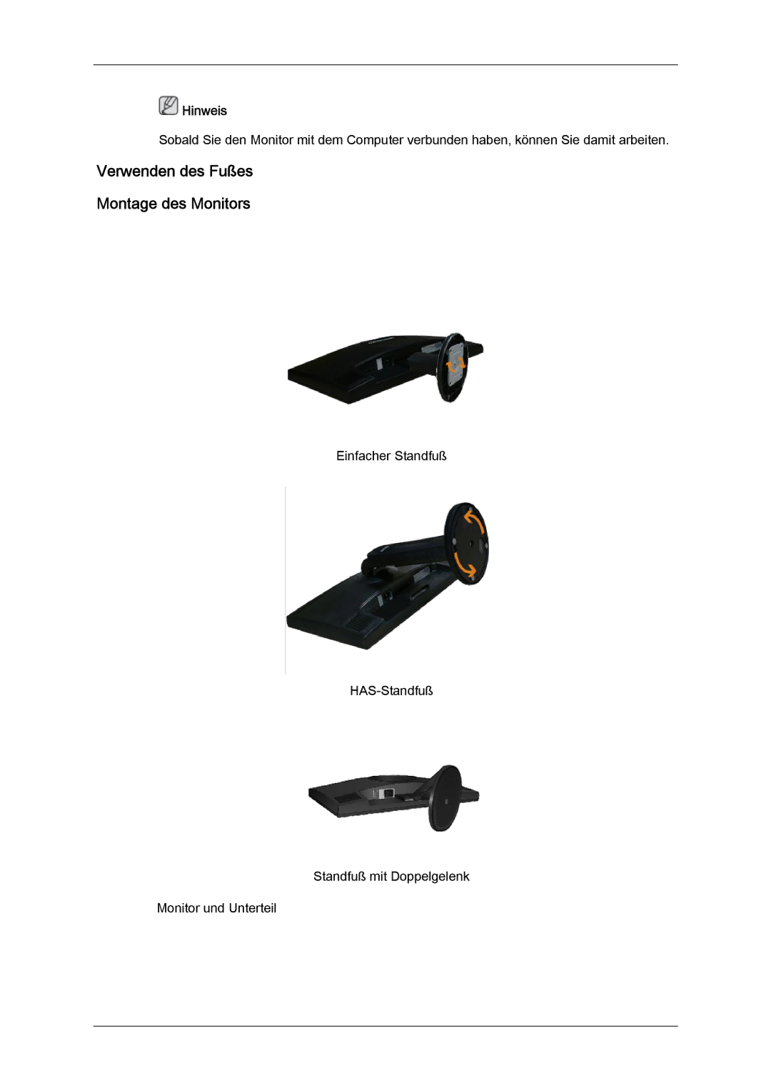 Samsung LS22MYLKF/EDC, LS22MYYKBB/EDC, LS22MYYKBBA/EN manual Verwenden des Fußes Montage des Monitors 