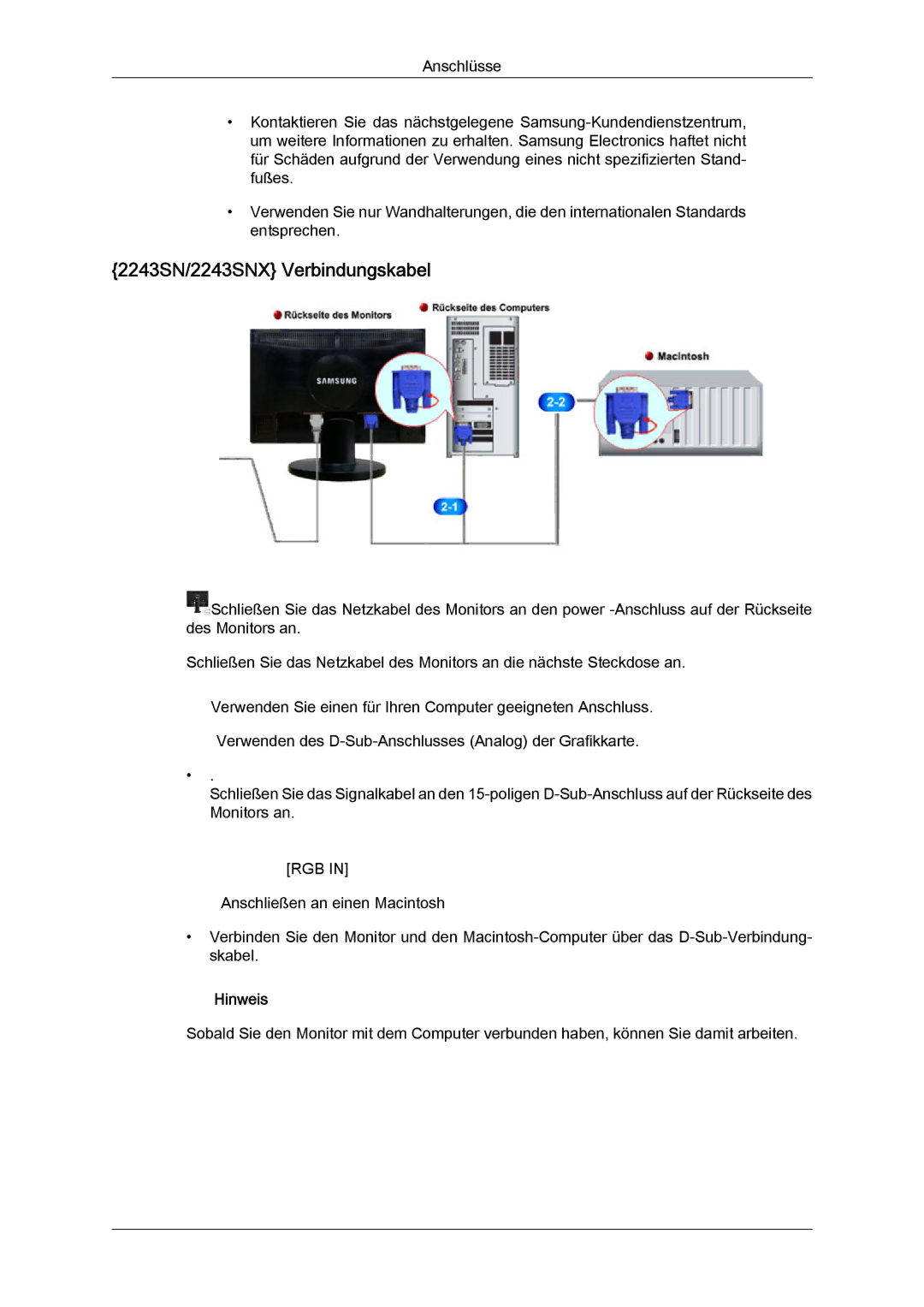 Samsung LS22MYYKBB/EDC, LS22MYLKF/EDC, LS22MYYKBBA/EN manual 2243SN/2243SNX Verbindungskabel 