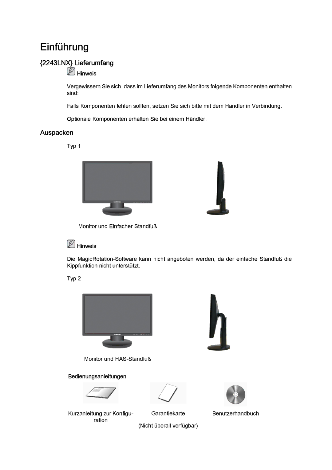 Samsung LS22MYYKBBA/EN, LS22MYYKBB/EDC, LS22MYLKF/EDC manual 2243LNX Lieferumfang, Auspacken 