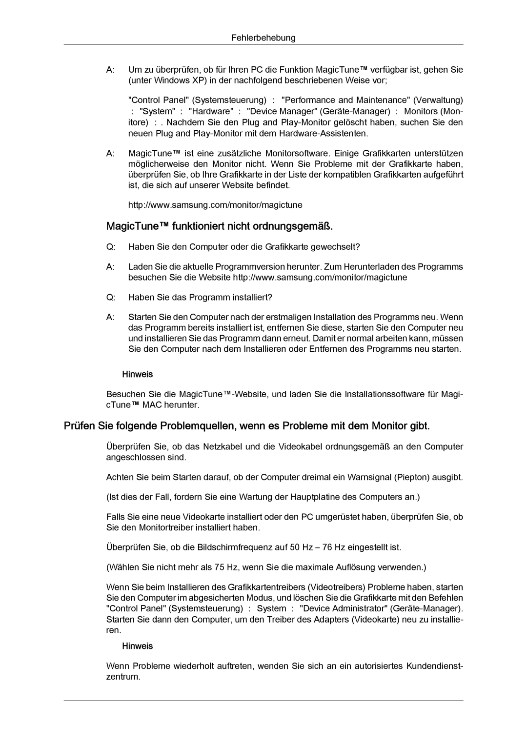 Samsung LS22MYLKF/EDC, LS22MYYKBB/EDC, LS22MYYKBBA/EN manual MagicTune funktioniert nicht ordnungsgemäß 