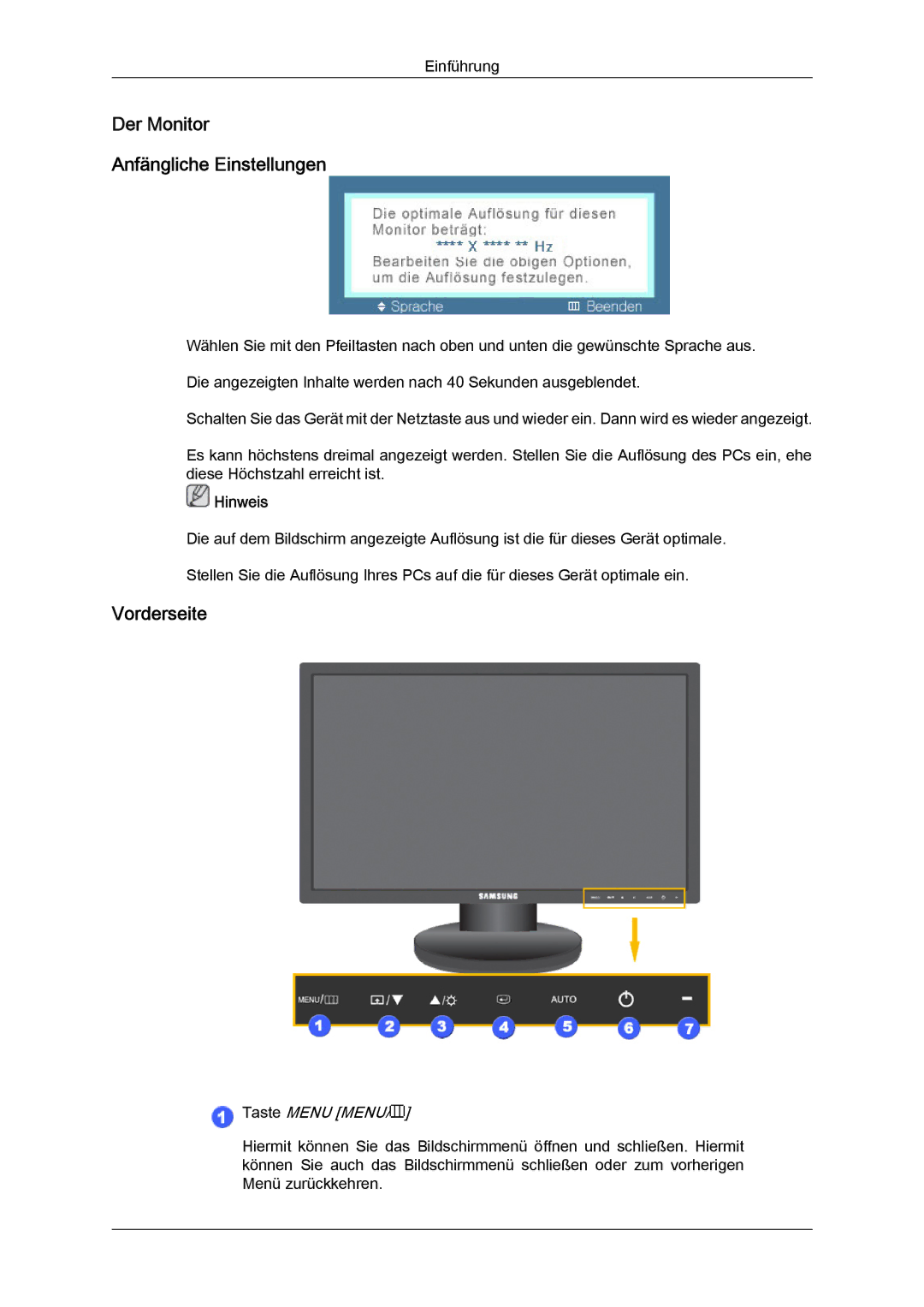 Samsung LS22MYYKBBA/EN, LS22MYYKBB/EDC, LS22MYLKF/EDC manual Der Monitor Anfängliche Einstellungen 